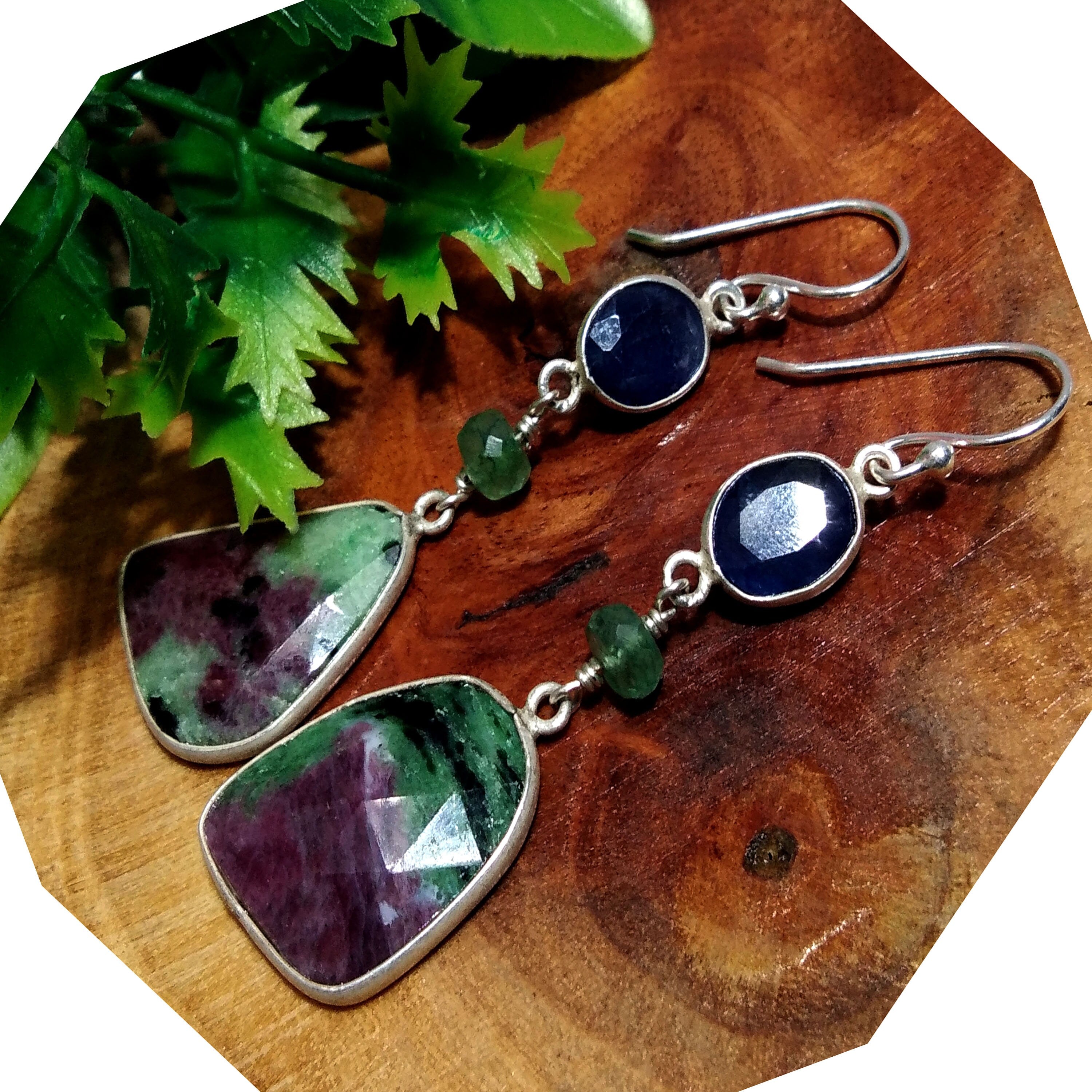 Ruby Zoisite & Blue Sapphire Earring, Amazing Design Bezel Stylish Earring,925 Starling Silver With Natural Gemstone Earring For Girls/Women